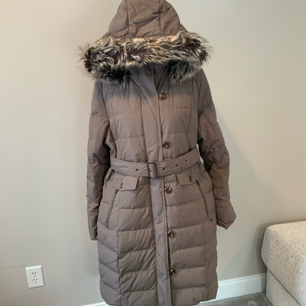 Lands' End Womens Faux Fur Trim Hood Down Winter Belted Puffer Coat Brown Size L